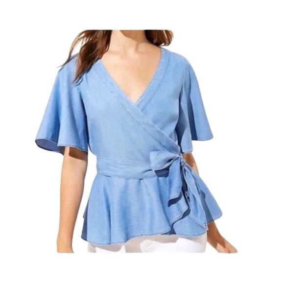 LOFT Chambray Blue Wrap Peplum Top Small Flutter Sleeves Adjustable Tie Waist - Picture 1 of 14